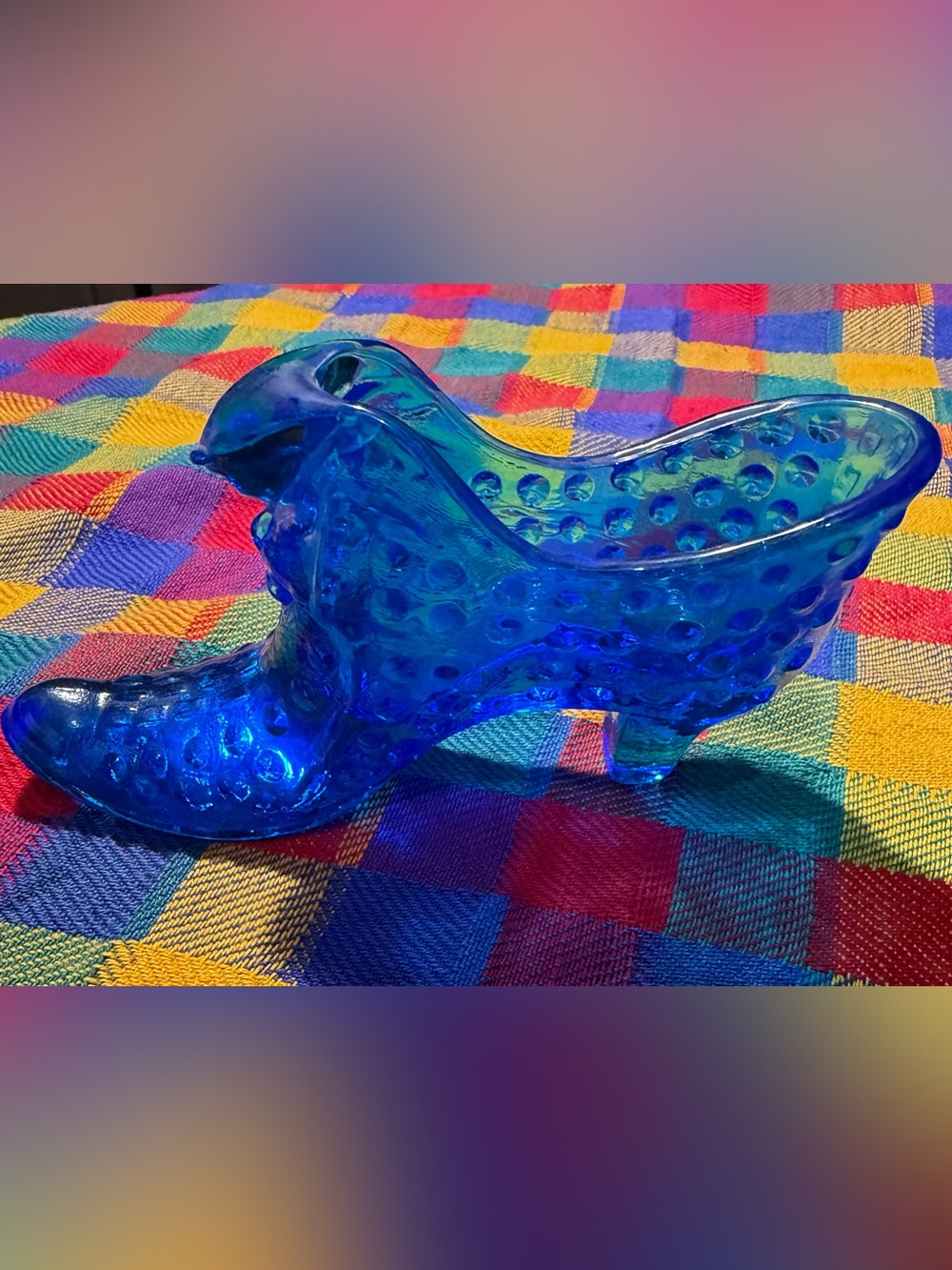 Vintage Fenton Blue Glass Cat Head Shoe Hobnail